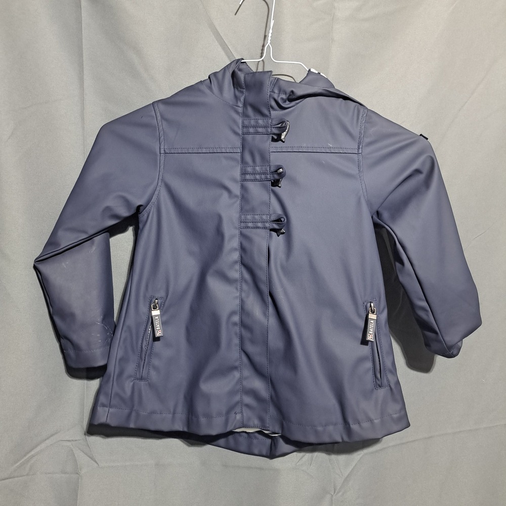 Batela‎ Youth  Sz 4 Sailor Navy Raincoat Fish Toggle Buttons Striped Lining